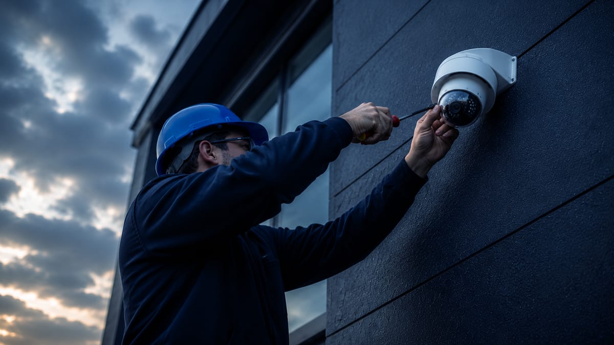 Technician installing a commercial CCTV security camera on a building exterior in NSW
